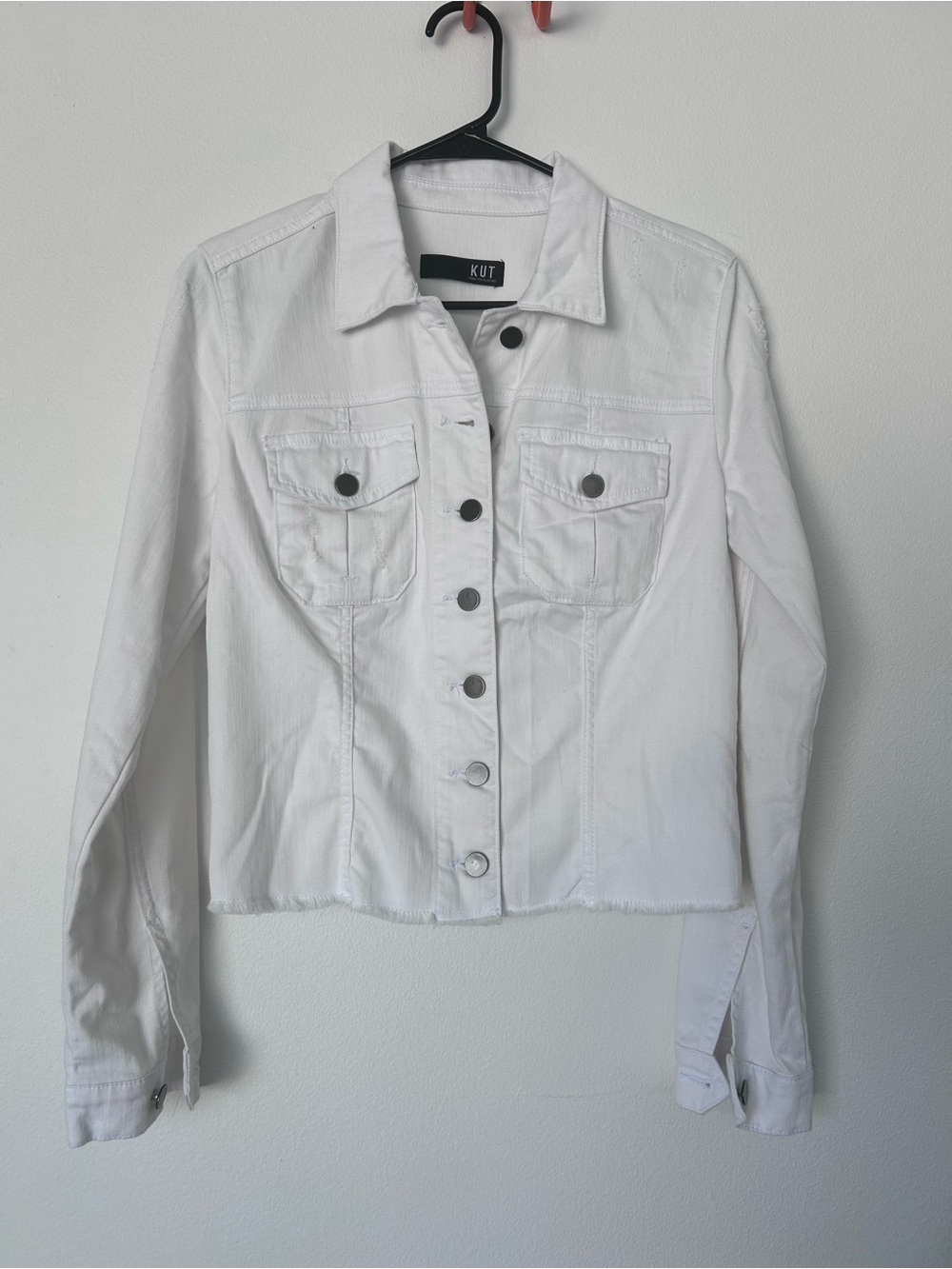 NWOT Kut from the Kloth Women's Kaya Frayed White Denim Jacket Size S